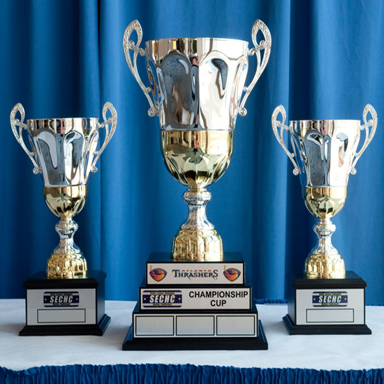 Trophies from various collegiate competitions around the Columbus area.